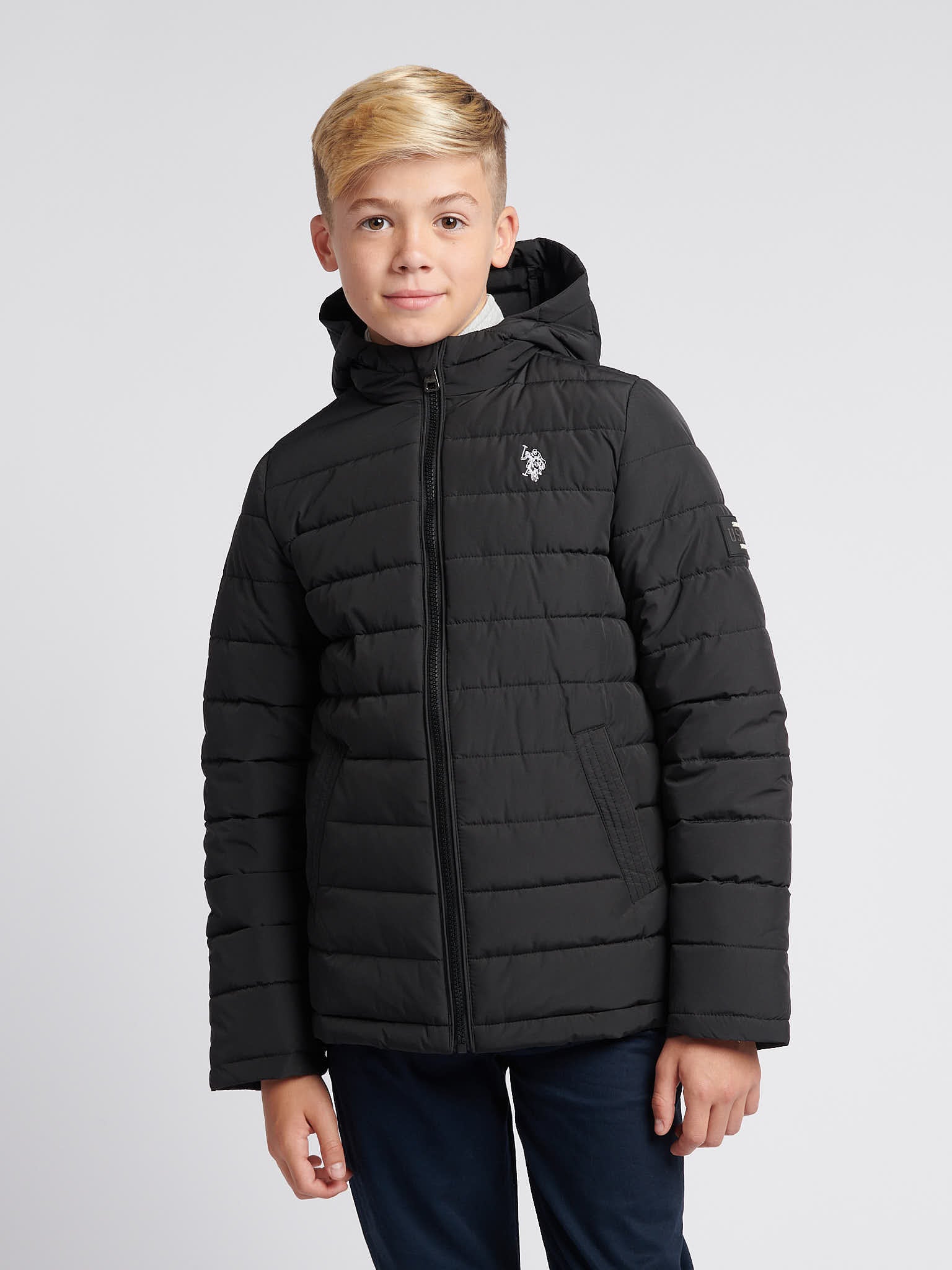 Boys Lightweight Quilt Hooded Puffer Jacket in Black – Polo