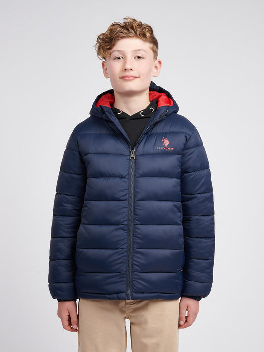 Boys Hooded Quilted Jacket in Dark Sapphire Navy / Haute Red DHM