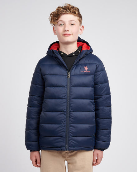 Boys Hooded Quilted Jacket in Dark Sapphire Navy / Haute Red DHM