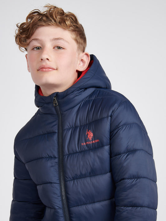 Boys Hooded Quilted Jacket in Dark Sapphire Navy / Haute Red DHM