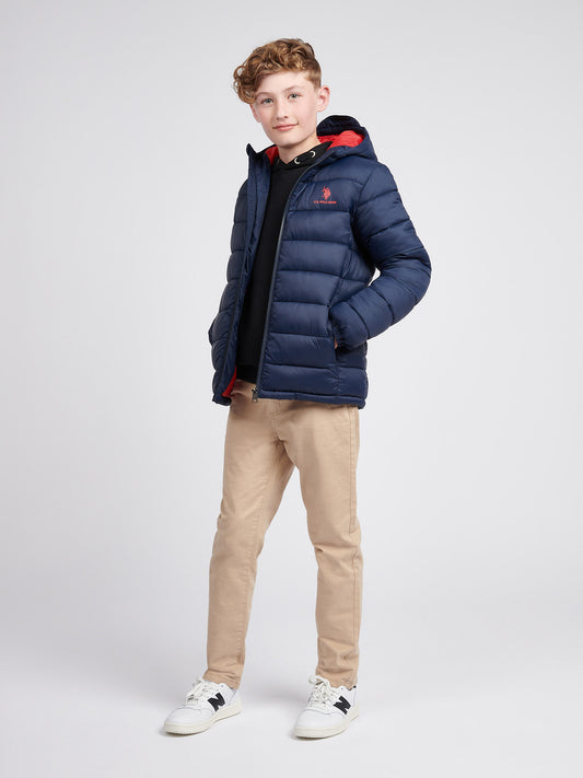 Boys Hooded Quilted Jacket in Dark Sapphire Navy / Haute Red DHM