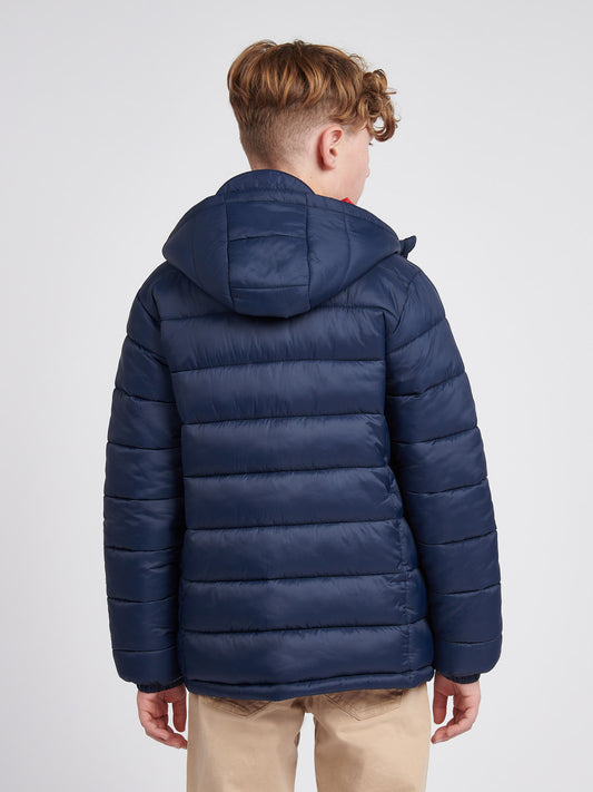 Boys Hooded Quilted Jacket in Dark Sapphire Navy / Haute Red DHM