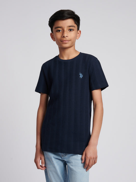 Boys Vertical Stripe Textured T-Shirt in Dark Sapphire Navy / Moonlight Blue DHM