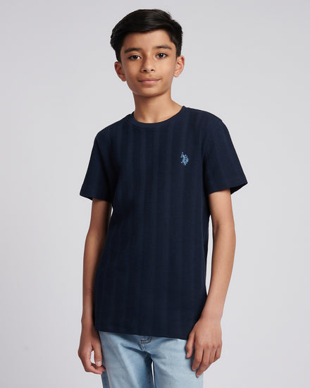 Boys Vertical Stripe Textured T-Shirt in Dark Sapphire Navy / Moonlight Blue DHM