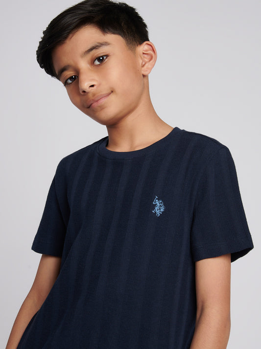 Boys Vertical Stripe Textured T-Shirt in Dark Sapphire Navy / Moonlight Blue DHM