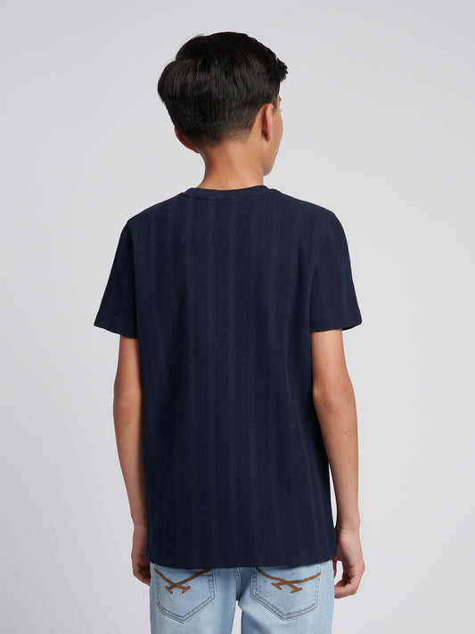 Boys Vertical Stripe Textured T-Shirt in Dark Sapphire Navy / Moonlight Blue DHM