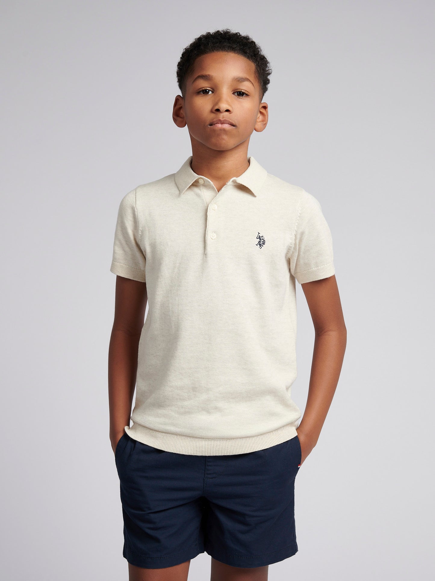 Boys Combed Cotton Polo Shirt in Birch Marl
