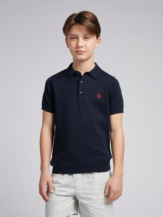 Boys Combed Cotton Polo Shirt in Dark Sapphire Navy / Haute Red DHM
