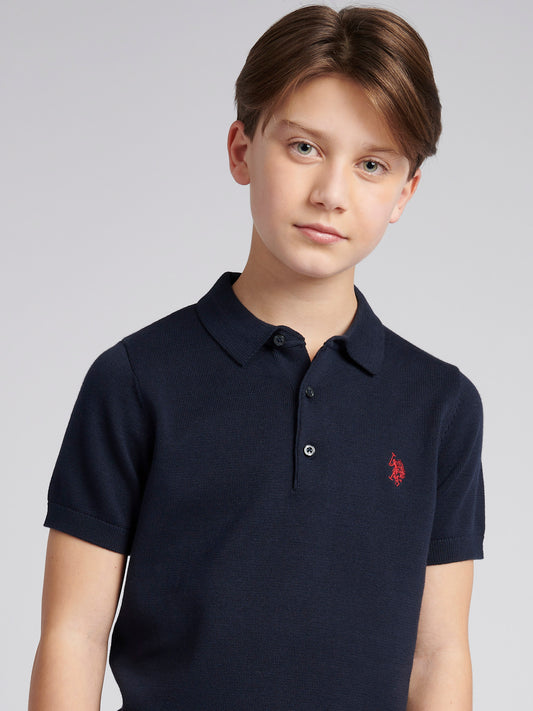 Boys Combed Cotton Polo Shirt in Dark Sapphire Navy / Haute Red DHM