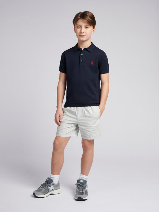 Boys Combed Cotton Polo Shirt in Dark Sapphire Navy / Haute Red DHM