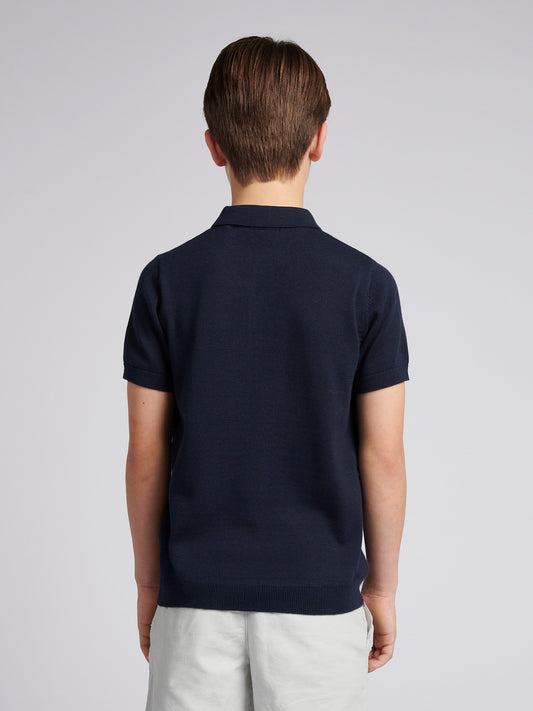 Boys Combed Cotton Polo Shirt in Dark Sapphire Navy / Haute Red DHM