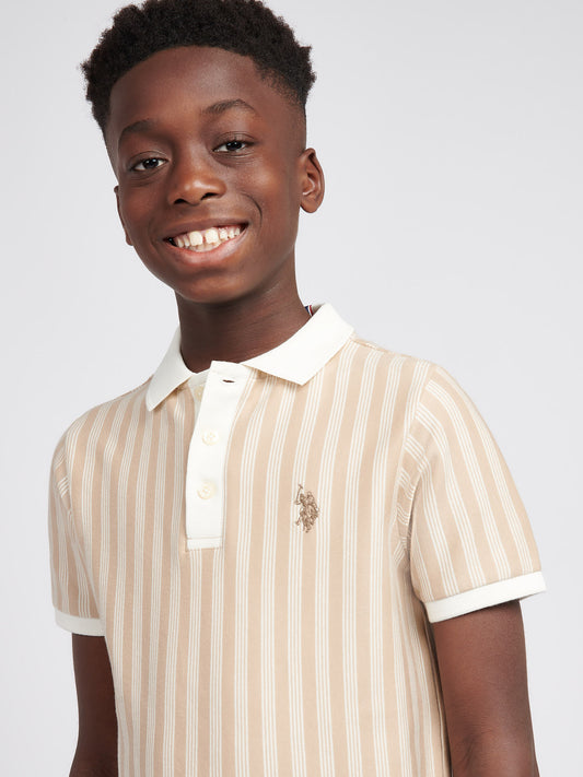 Boys Vertical Stripe Polo Shirt in Doeskin