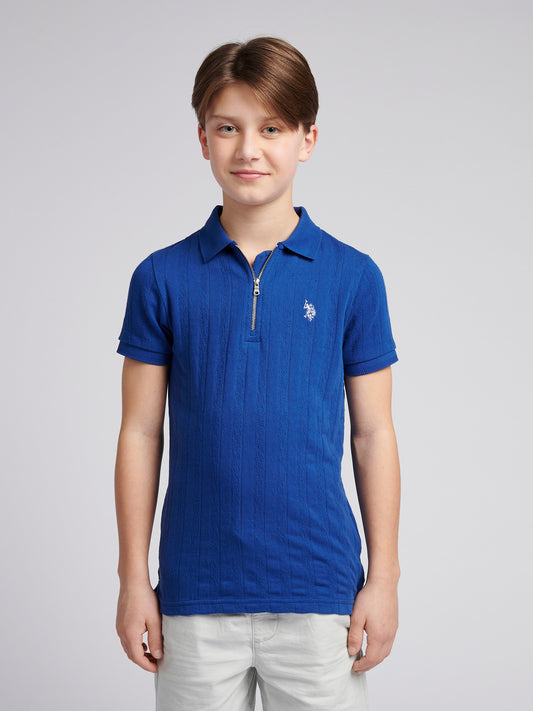 Boys Stripe Textured Zip Polo Shirt in Sodalite Blue