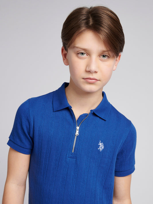 Boys Stripe Textured Zip Polo Shirt in Sodalite Blue