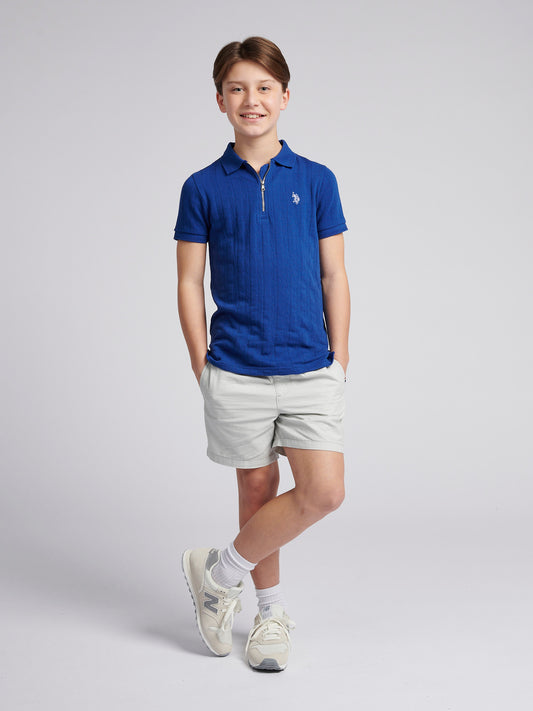Boys Stripe Textured Zip Polo Shirt in Sodalite Blue