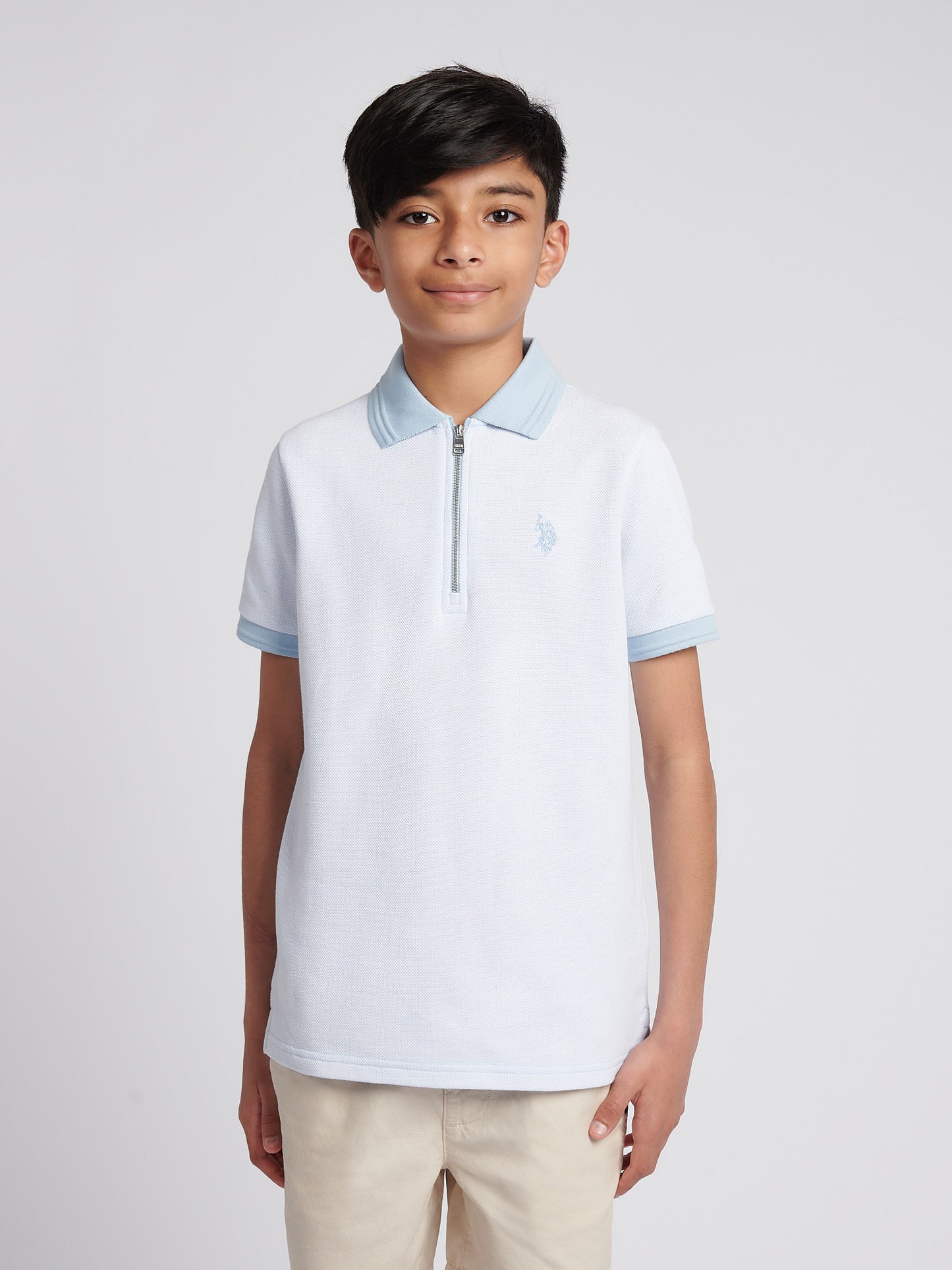 Boys Smart Two Tone Zip Polo Shirt in Chambray Blue