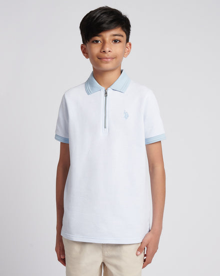 Boys Smart Two Tone Zip Polo Shirt in Chambray Blue