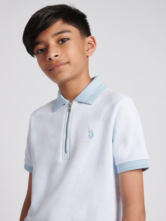 Boys Smart Two Tone Zip Polo Shirt in Chambray Blue