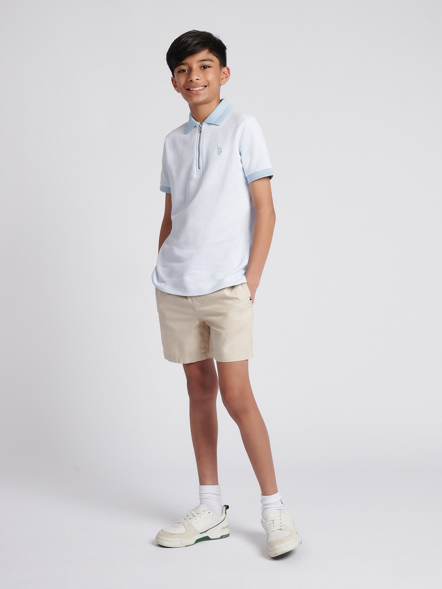 Boys Smart Two Tone Zip Polo Shirt in Chambray Blue