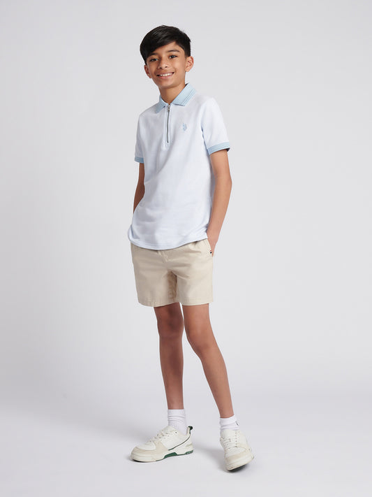 Boys Smart Two Tone Zip Polo Shirt in Chambray Blue