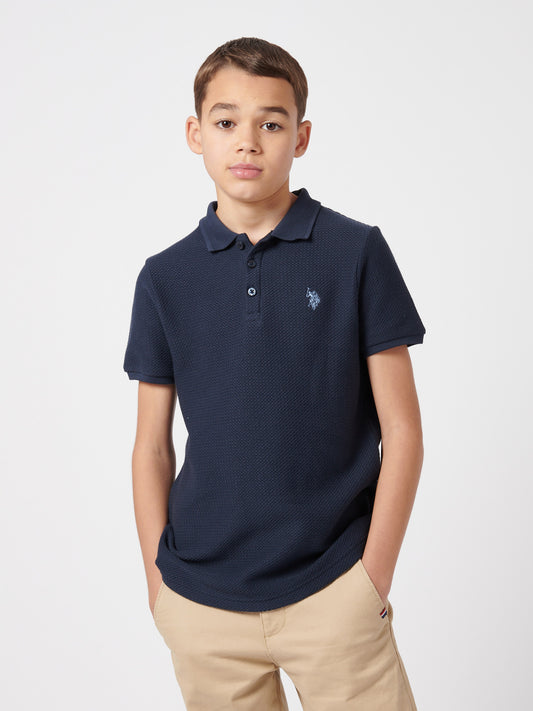 Boys Texture Double Horsemen Polo Shirt in Dark Sapphire Navy