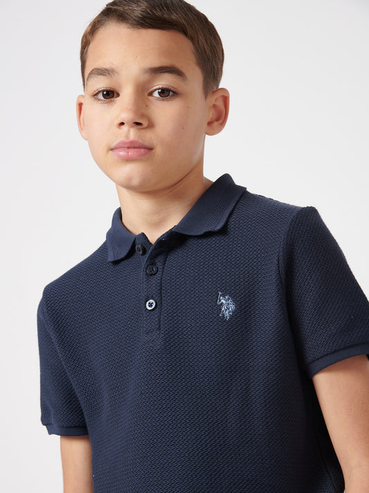 Boys Texture Double Horsemen Polo Shirt in Dark Sapphire Navy