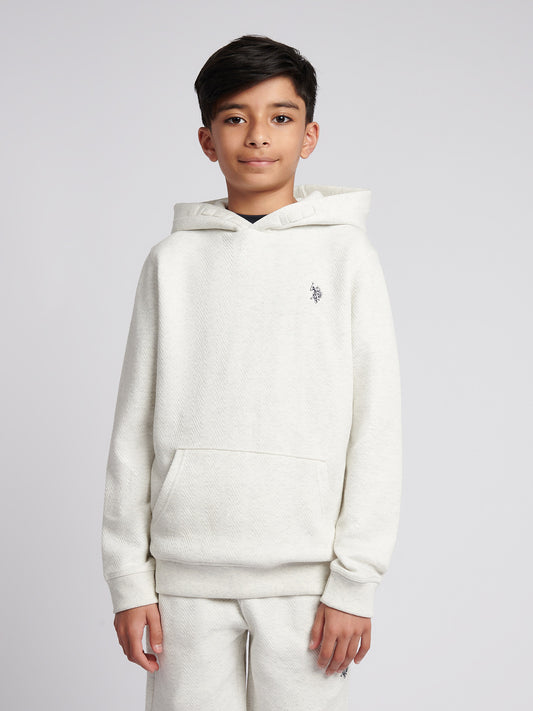 Boys Double Horsemen Herringbone Hoodie in Light Grey Marl