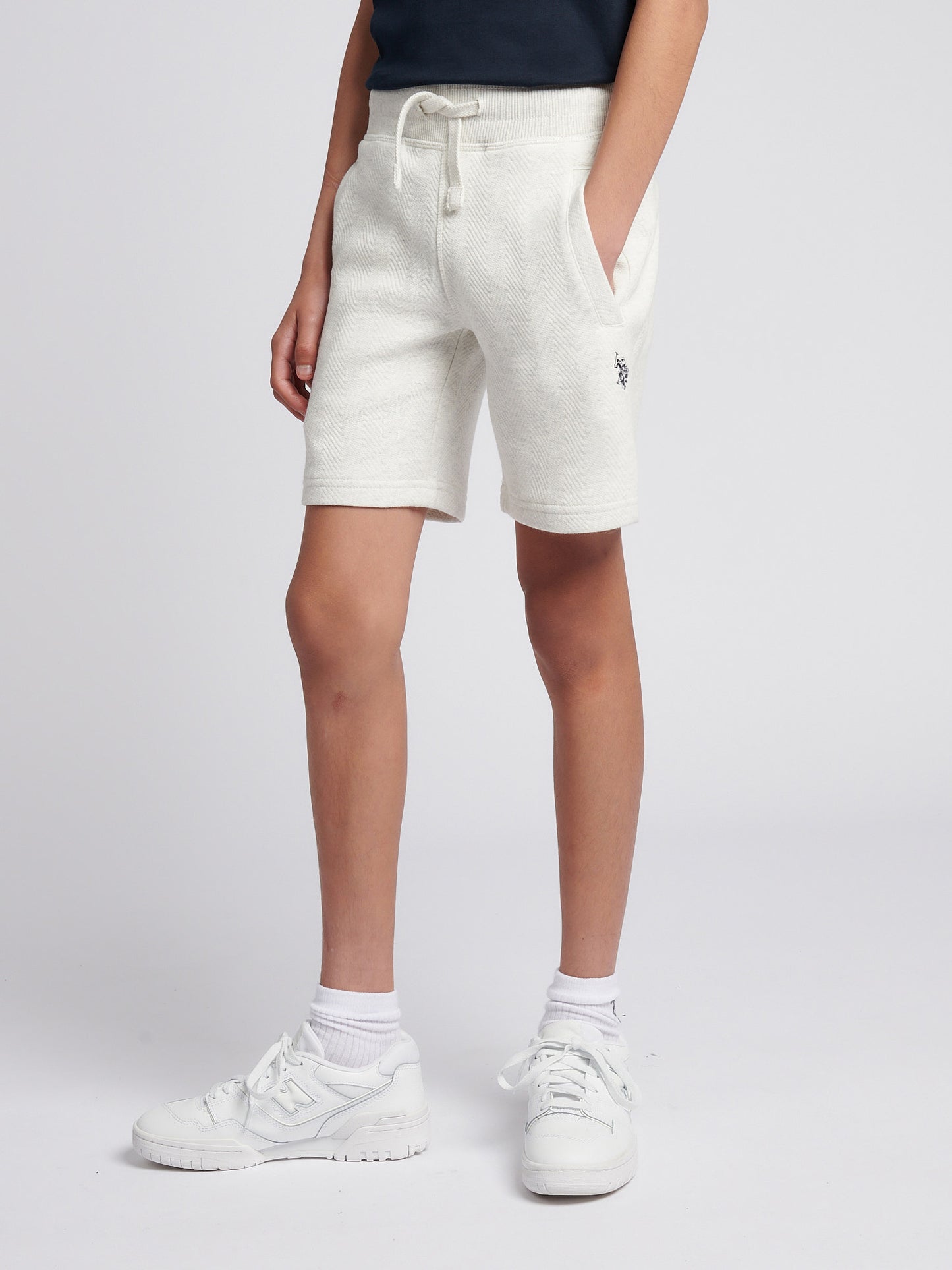 Boys Double Horsemen Herringbone Sweat Short in Light Grey Marl