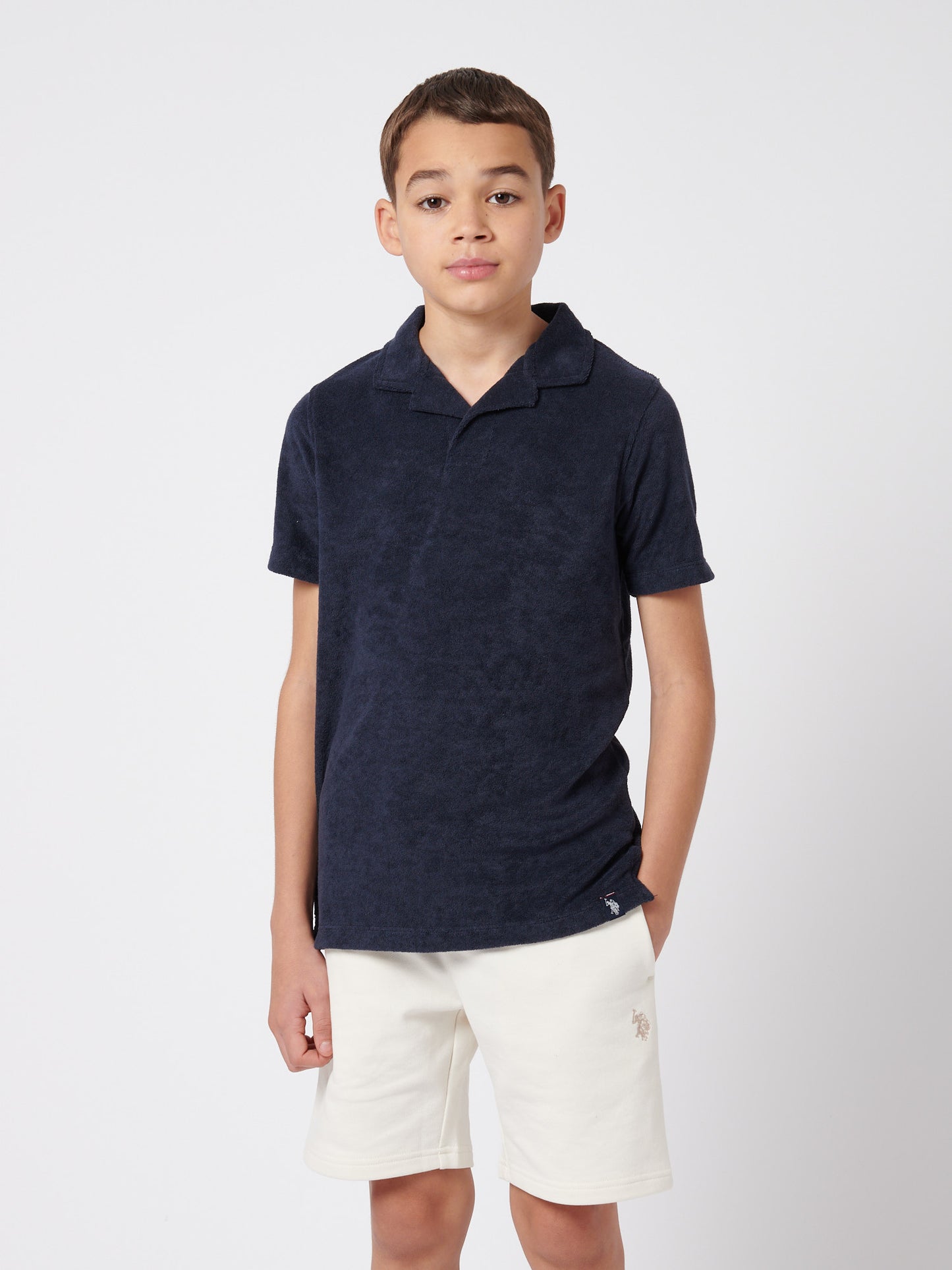Boys Terry Reverse Collar Polo Shirt in Dark Sapphire Navy