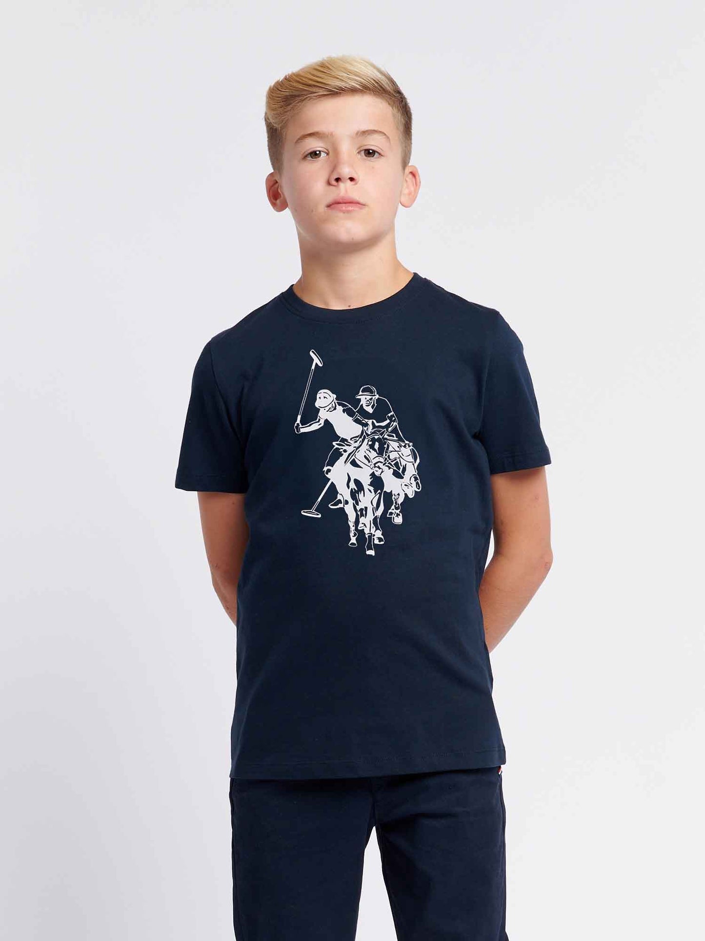 Boys Double Horsemen Graphic T-Shirt in Dark Sapphire Navy