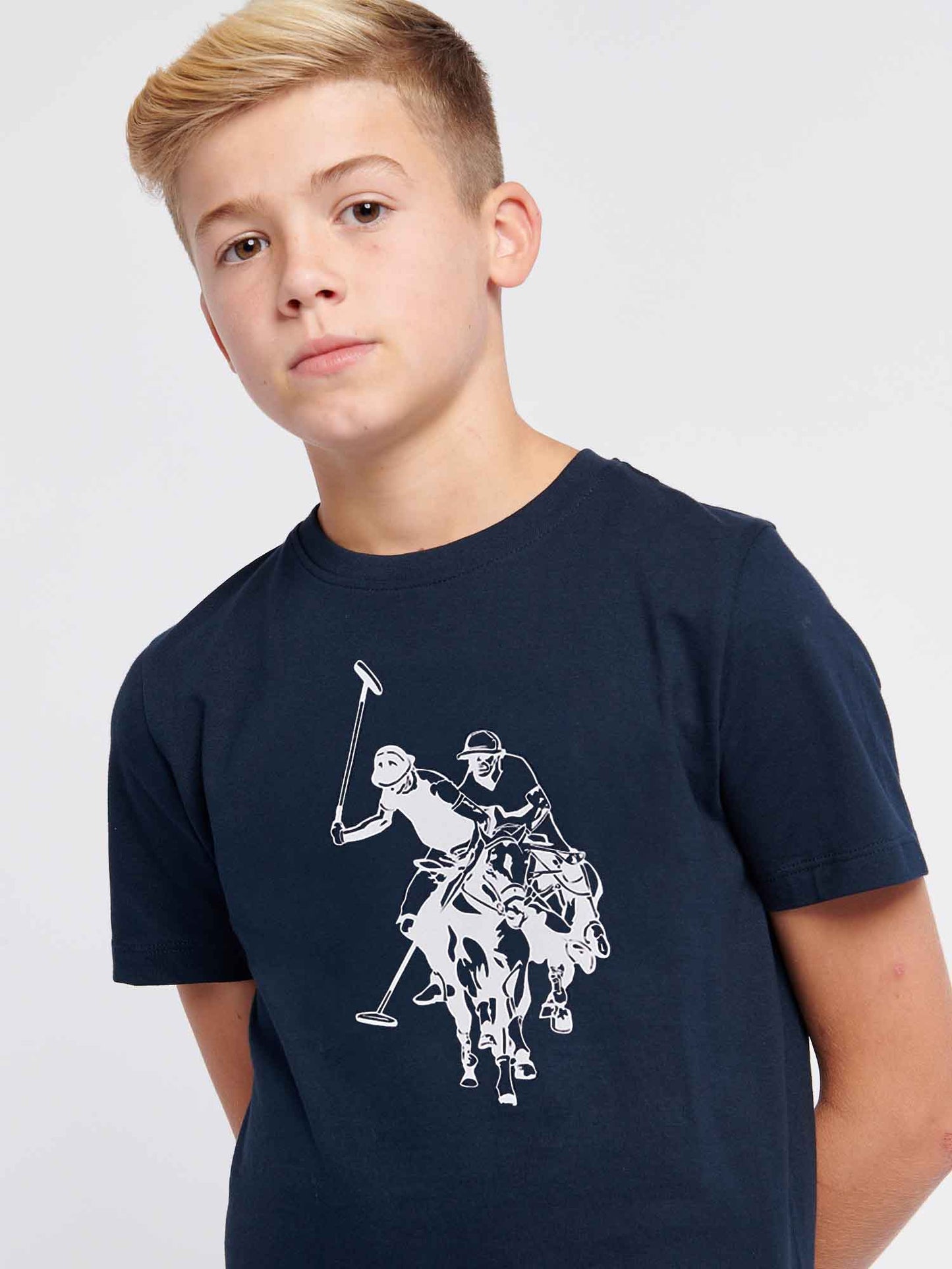 Boys Double Horsemen Graphic T-Shirt in Dark Sapphire Navy