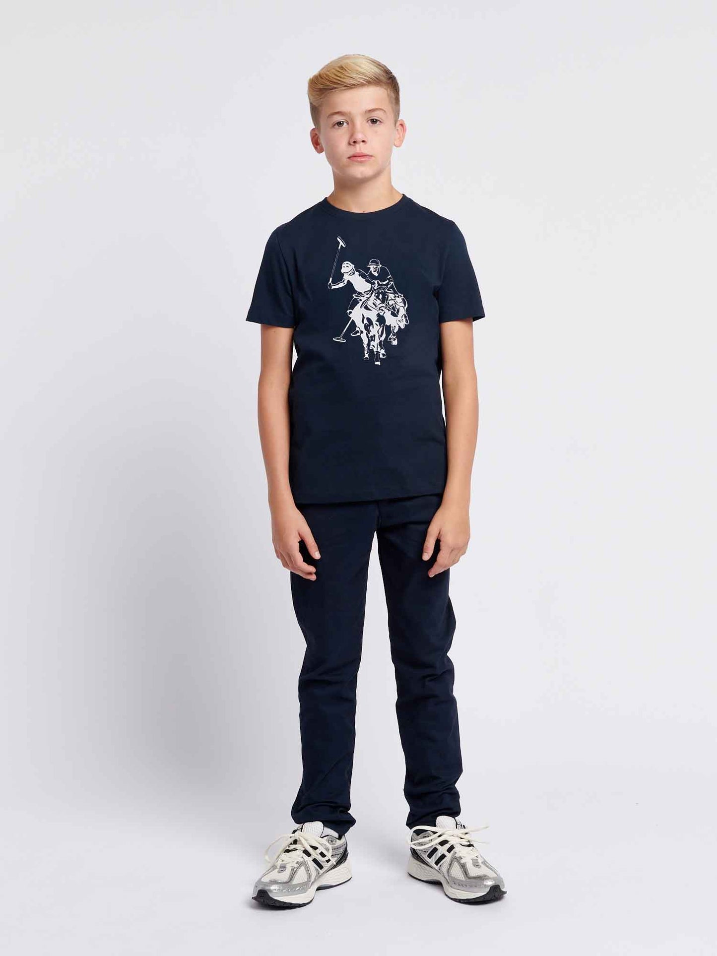 Boys Double Horsemen Graphic T-Shirt in Dark Sapphire Navy