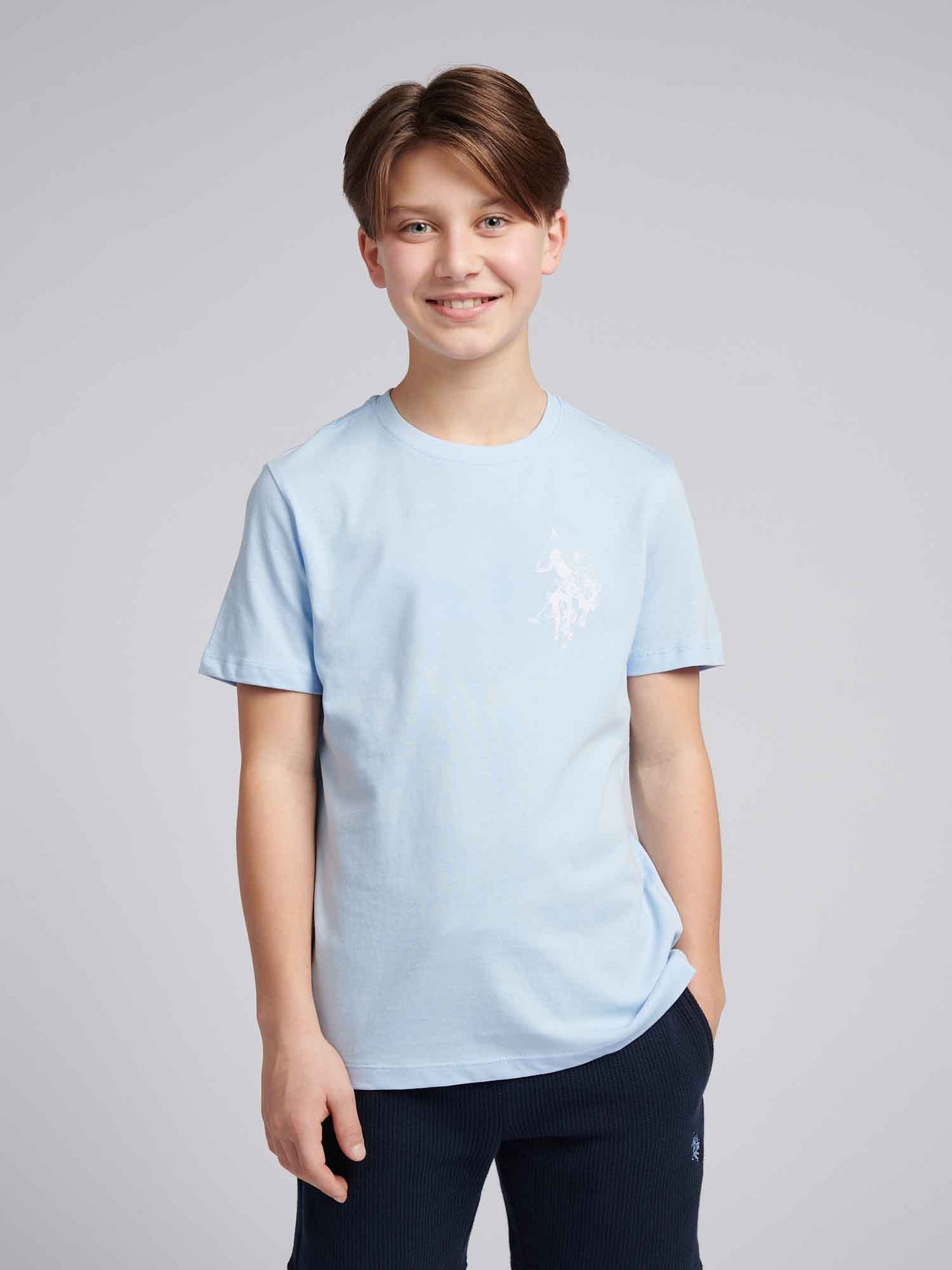 Boys Large Double Horsemen Graphic T-Shirt in Chambray Blue