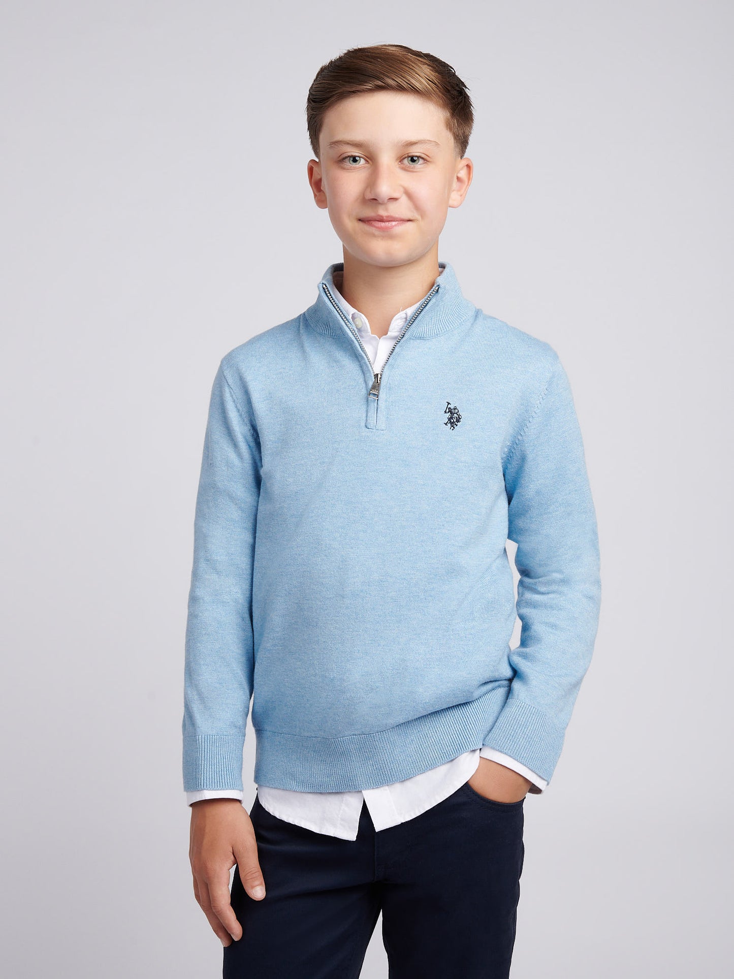 Boys Knitted Cotton Rich 1/4 Zip in Parisian Blue Marl