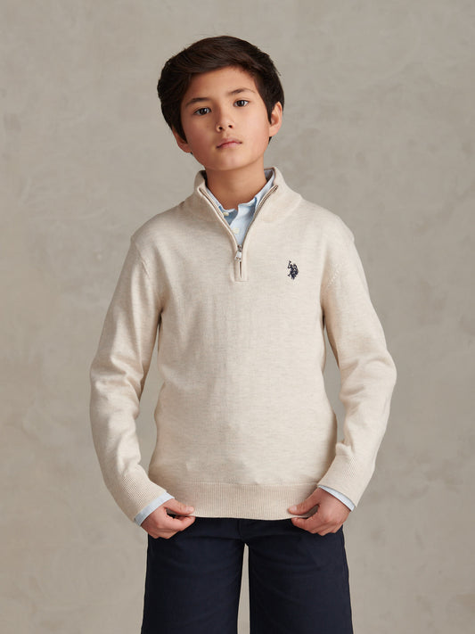 Boys Knitted Cotton Rich 1/4 Zip Birch Marl