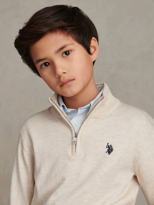 Boys Knitted Cotton Rich 1/4 Zip Birch Marl