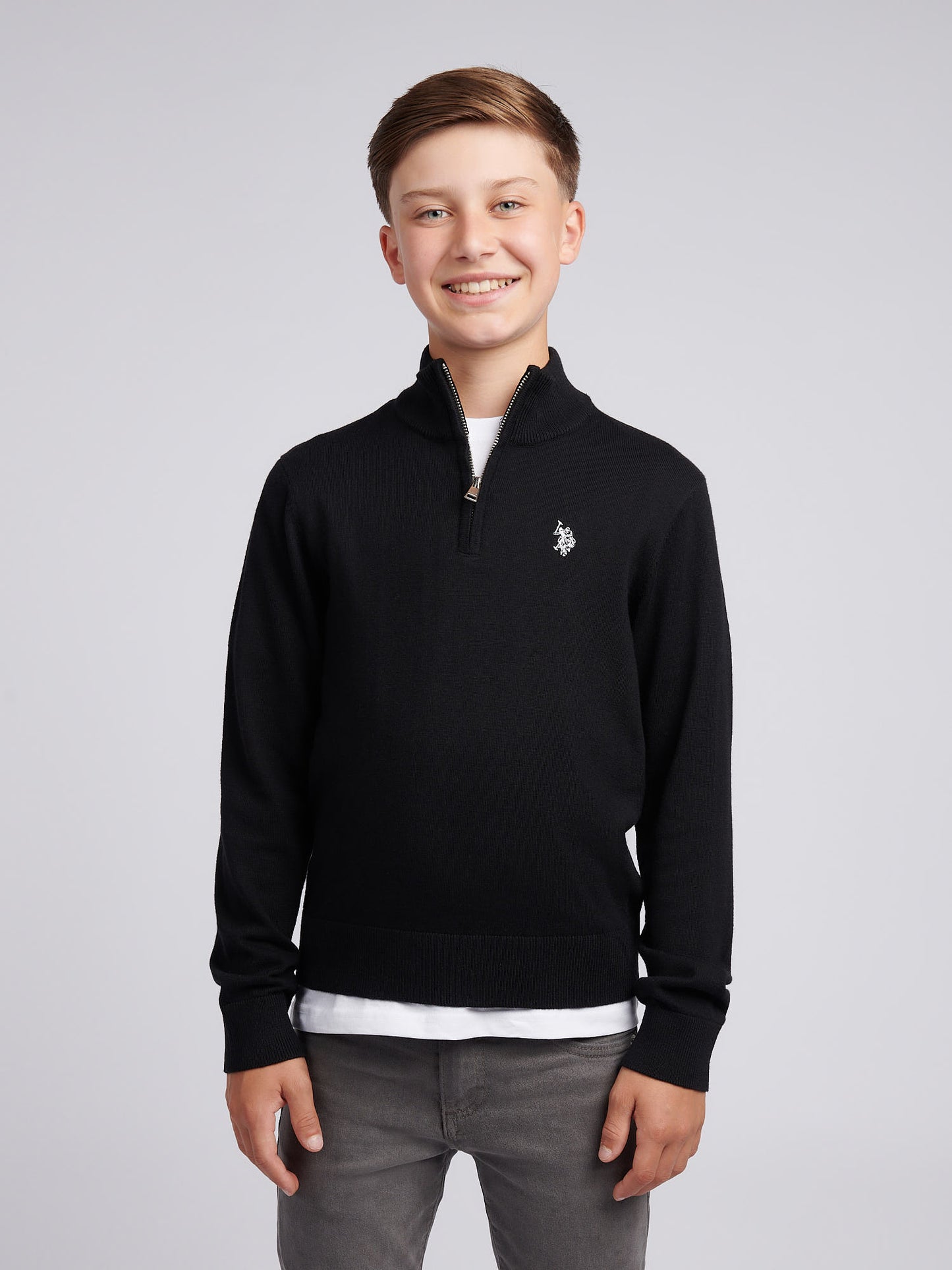 Boys Knitted Cotton Rich 1/4 Zip in Black Bright White DHM