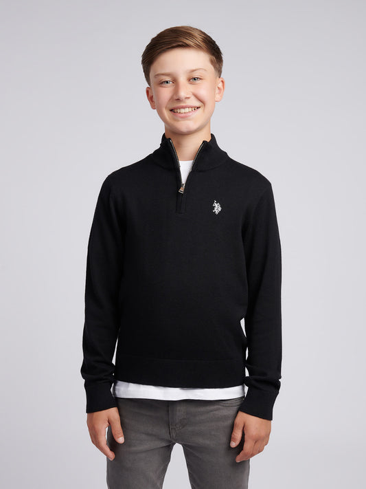 Boys Knitted Cotton Rich 1/4 Zip in Black Bright White DHM