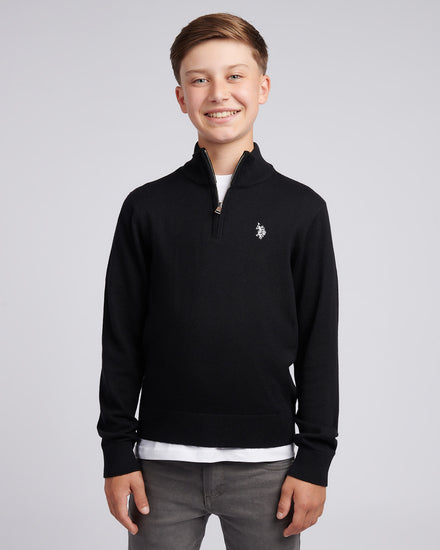 Boys Knitted Cotton Rich 1/4 Zip in Black Bright White DHM