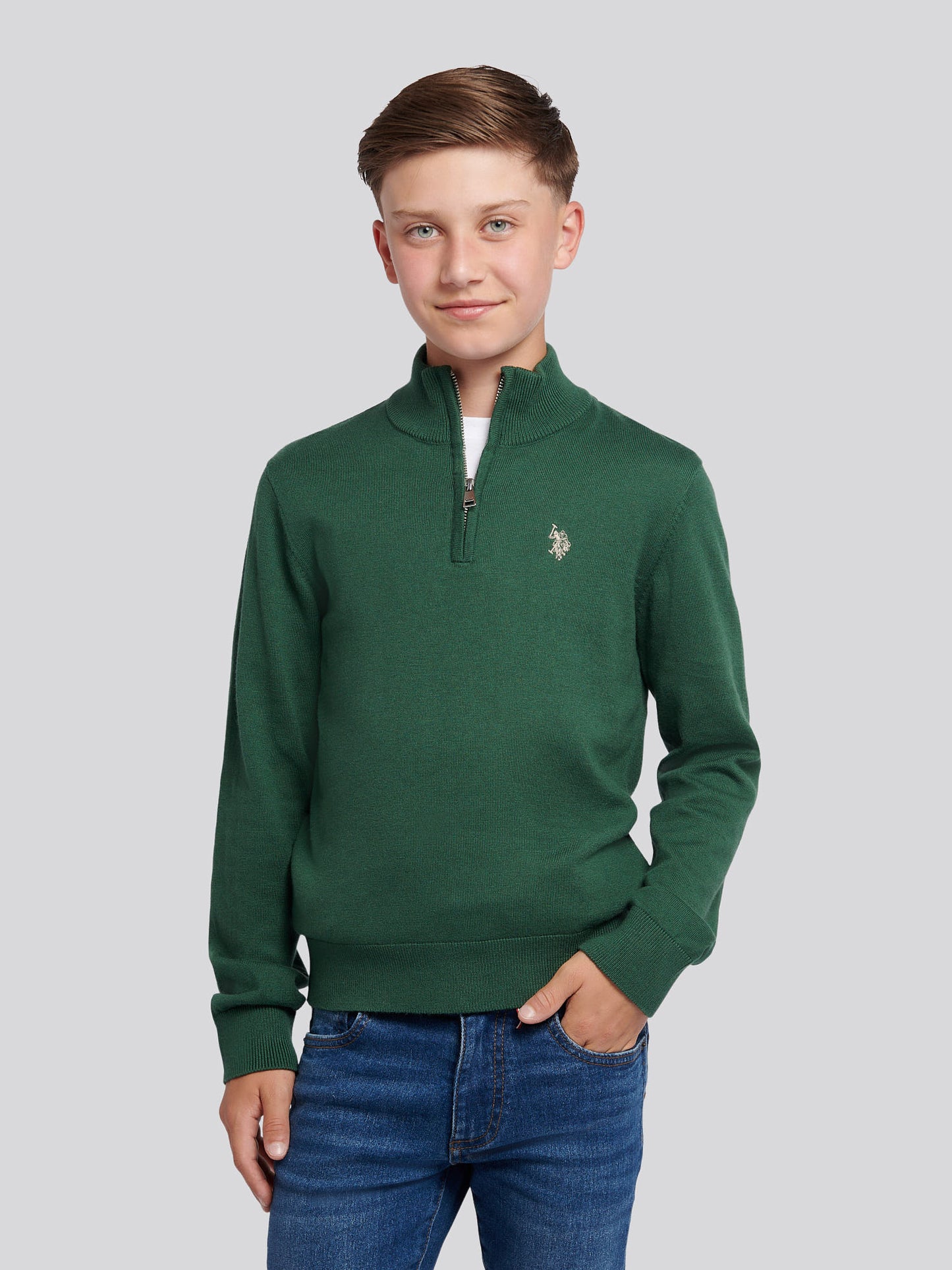 Boys Knitted Cotton Rich 1/4 Zip in Pineneedle