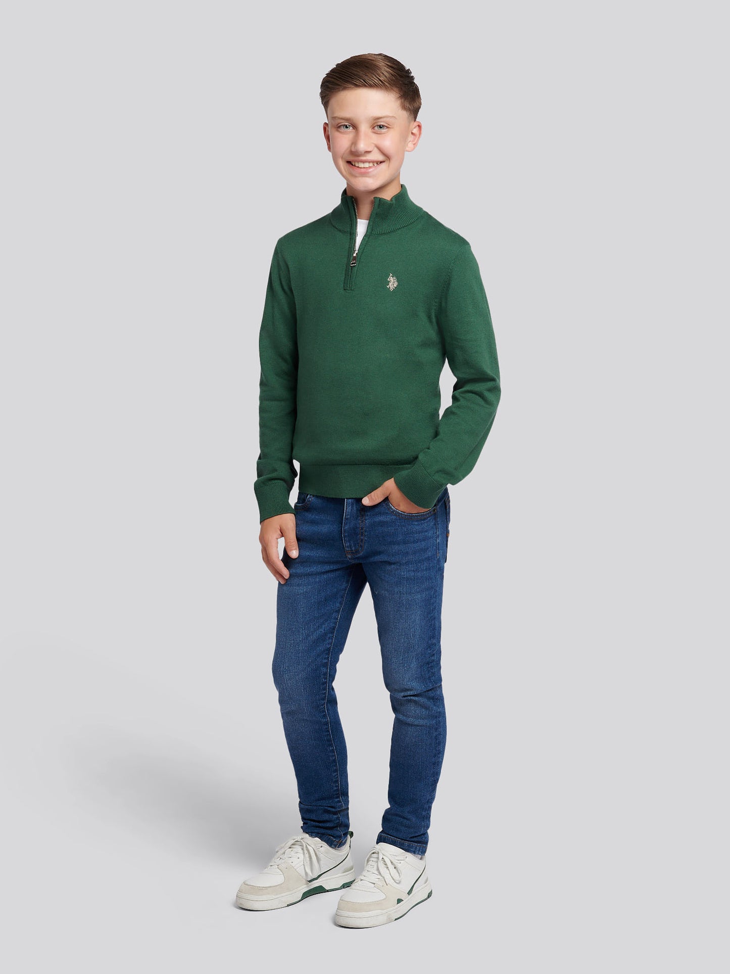 Boys Knitted Cotton Rich 1/4 Zip in Pineneedle