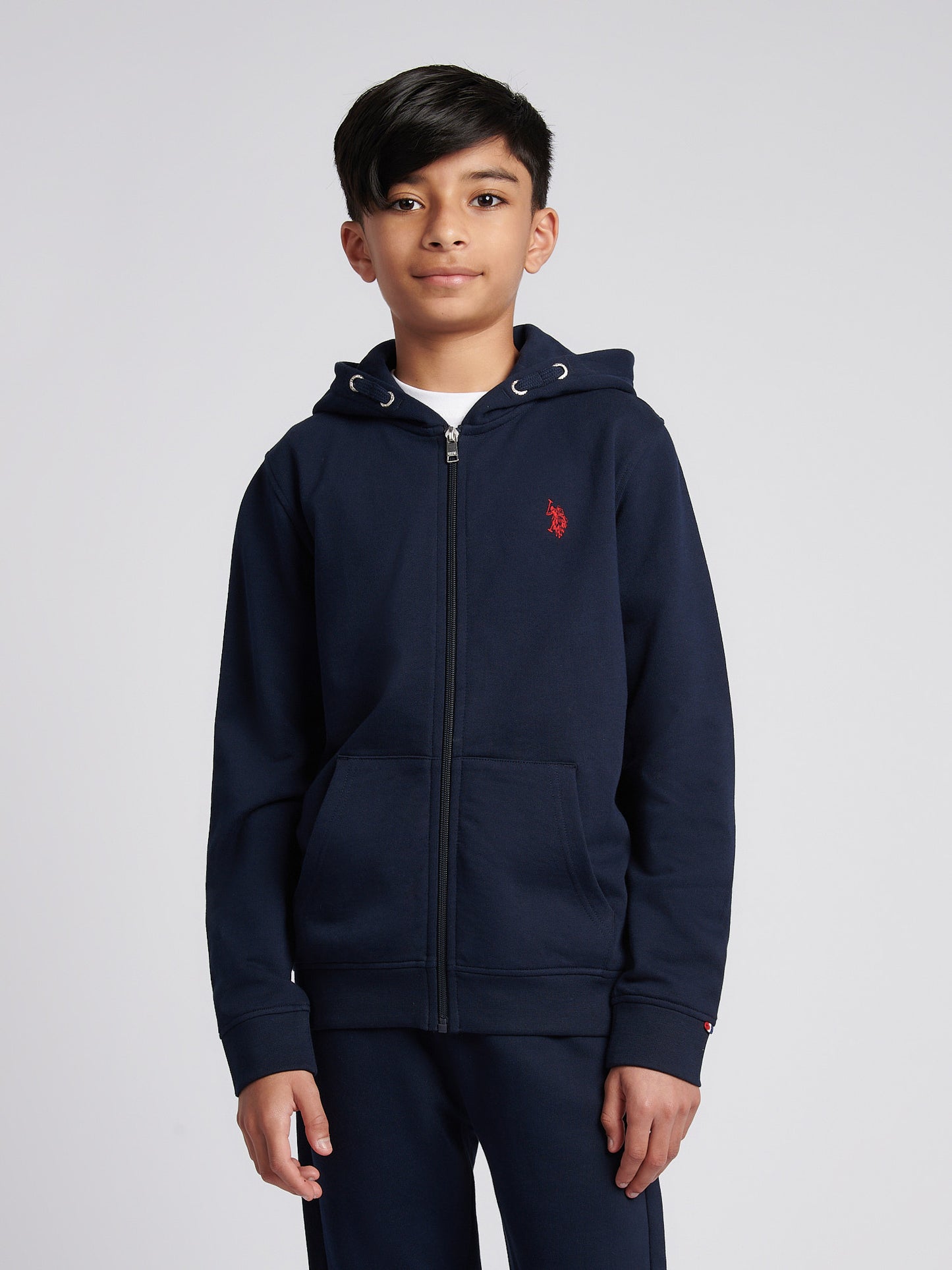 Boys Double Horsemen Zip Hoodie in Dark Sapphire Navy / Haute Red DHM