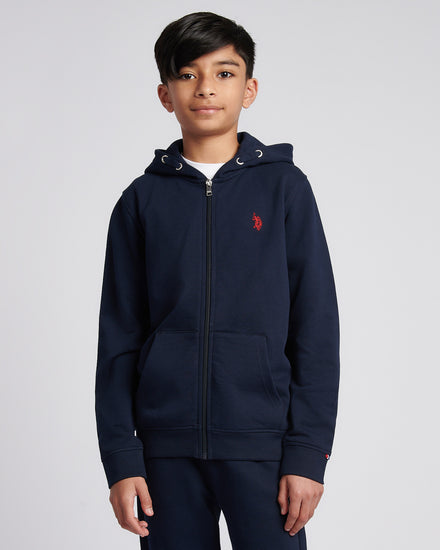 Boys Double Horsemen Zip Hoodie in Dark Sapphire Navy / Haute Red DHM
