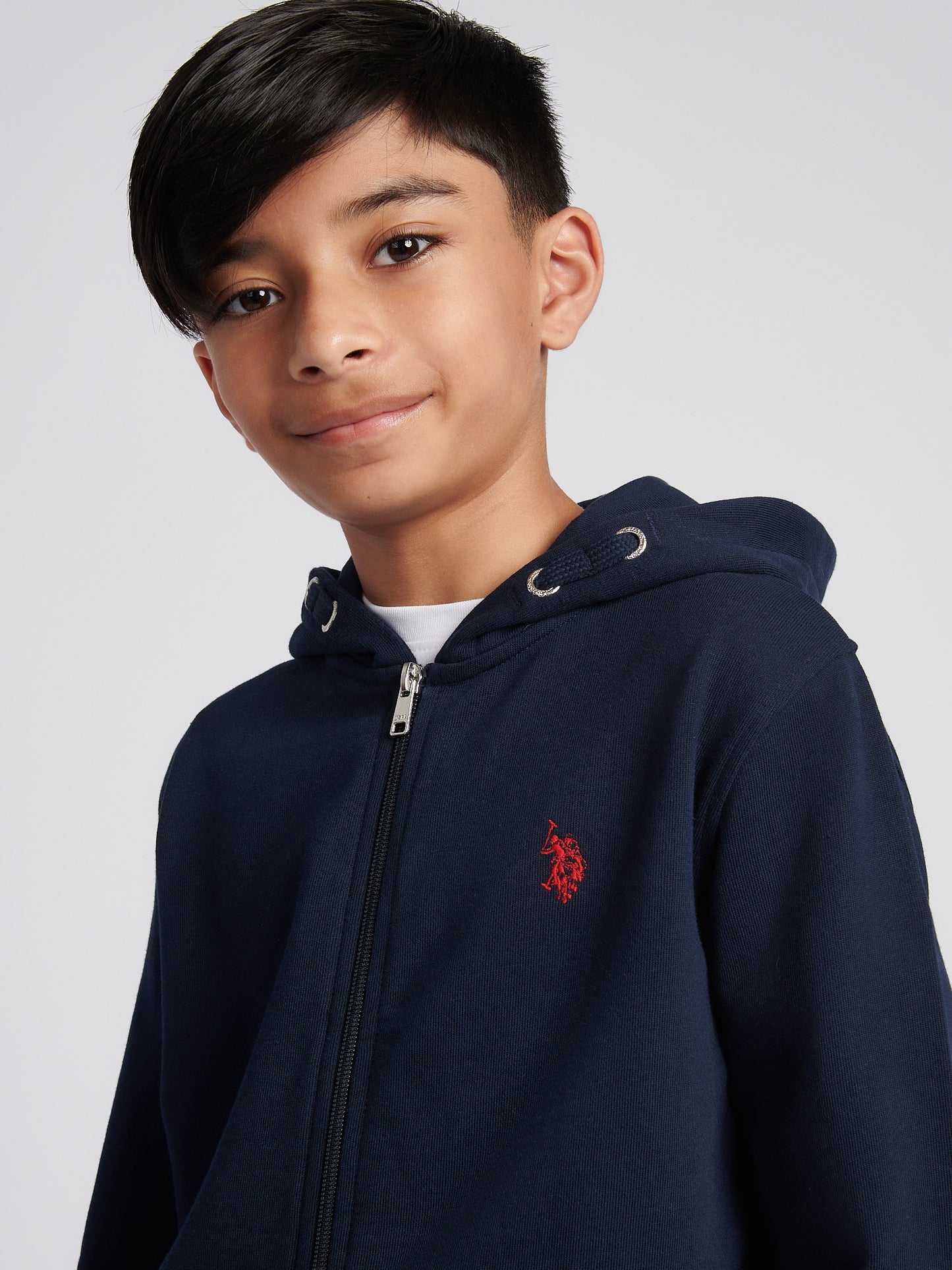 Boys Double Horsemen Zip Hoodie in Dark Sapphire Navy / Haute Red DHM