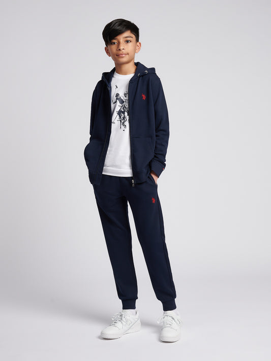 Boys Double Horsemen Zip Hoodie in Dark Sapphire Navy / Haute Red DHM