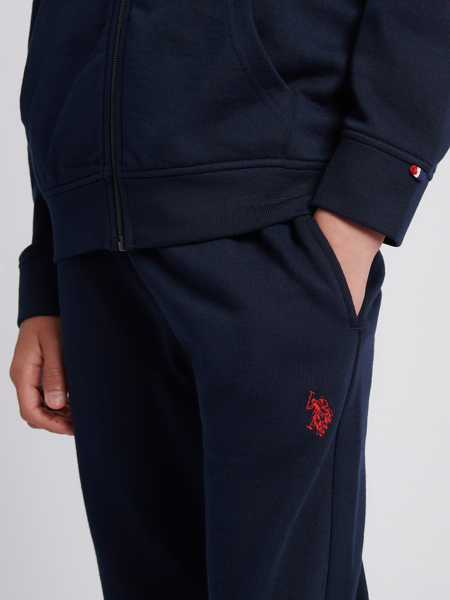 Boys Double Horsemen Zip Hoodie in Dark Sapphire Navy / Haute Red DHM