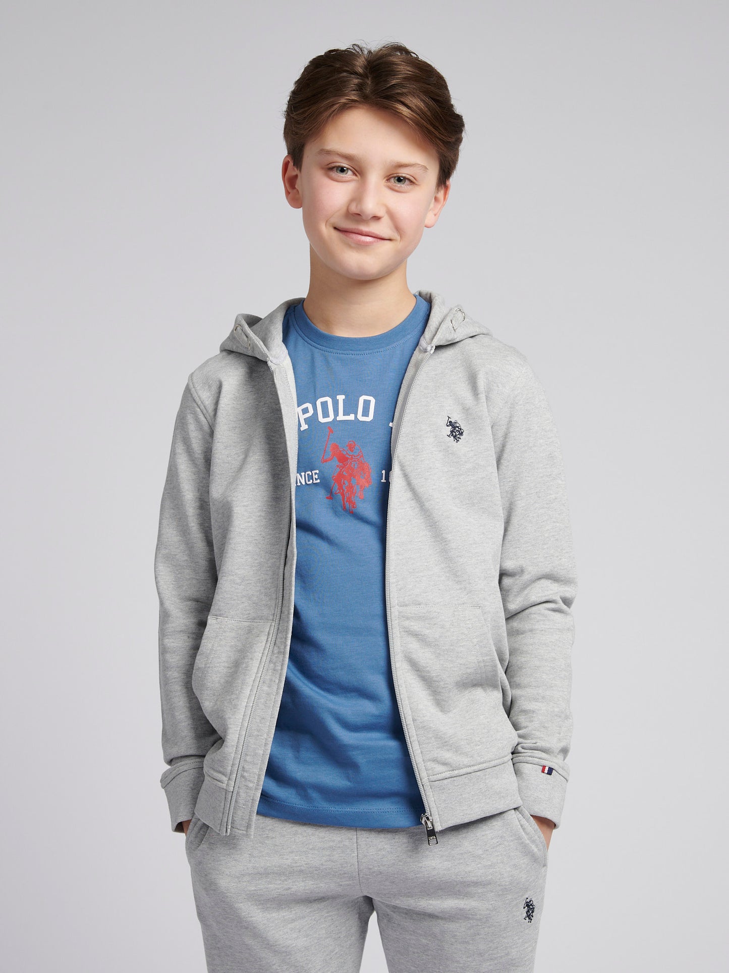Boys Double Horsemen Zip Hoodie in Mid Grey Marl