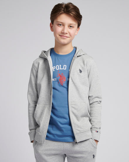 Boys Double Horsemen Zip Hoodie in Mid Grey Marl