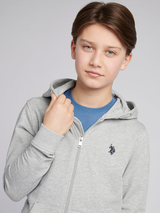 Boys Double Horsemen Zip Hoodie in Mid Grey Marl