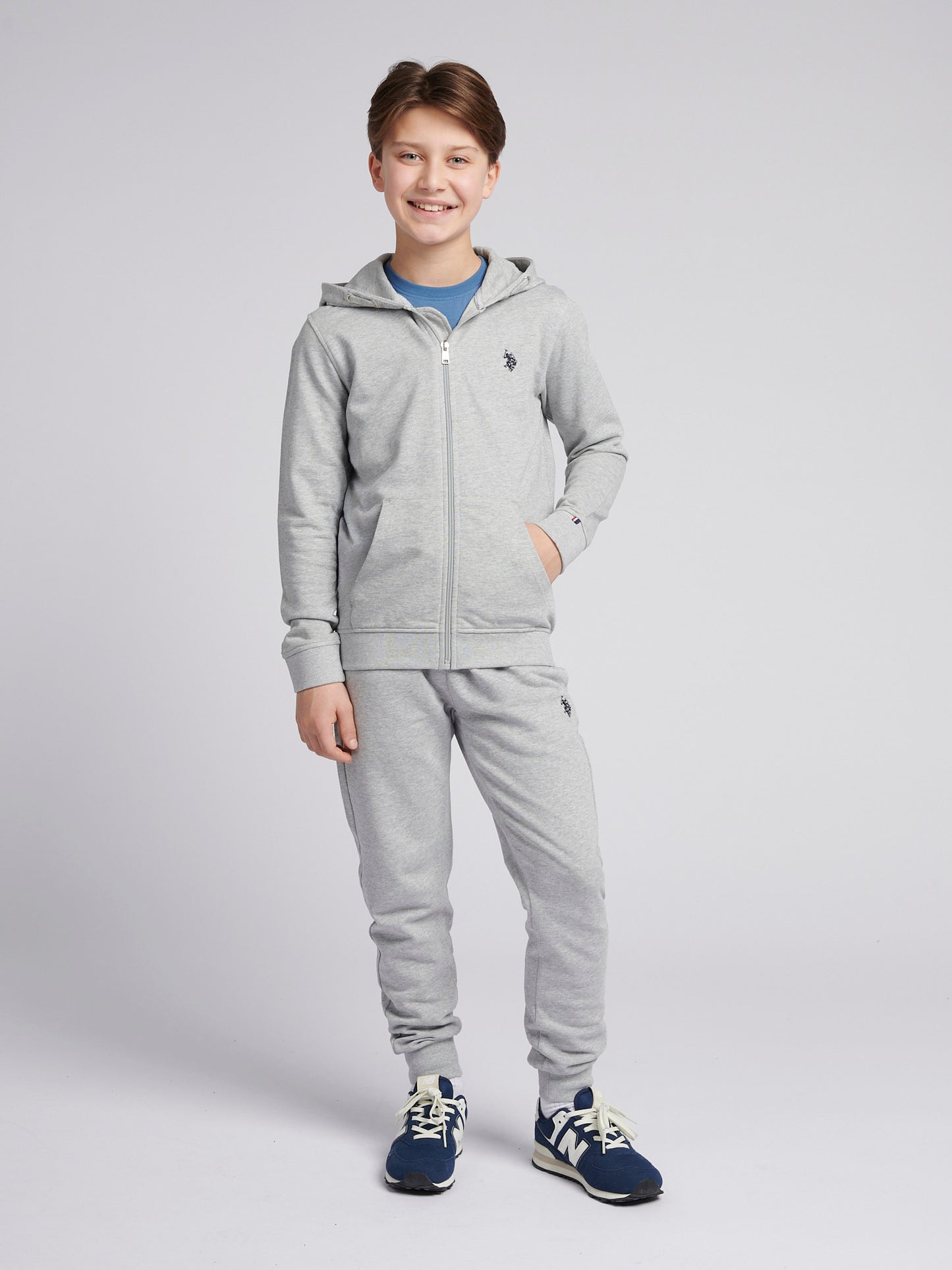 Boys Double Horsemen Zip Hoodie in Mid Grey Marl